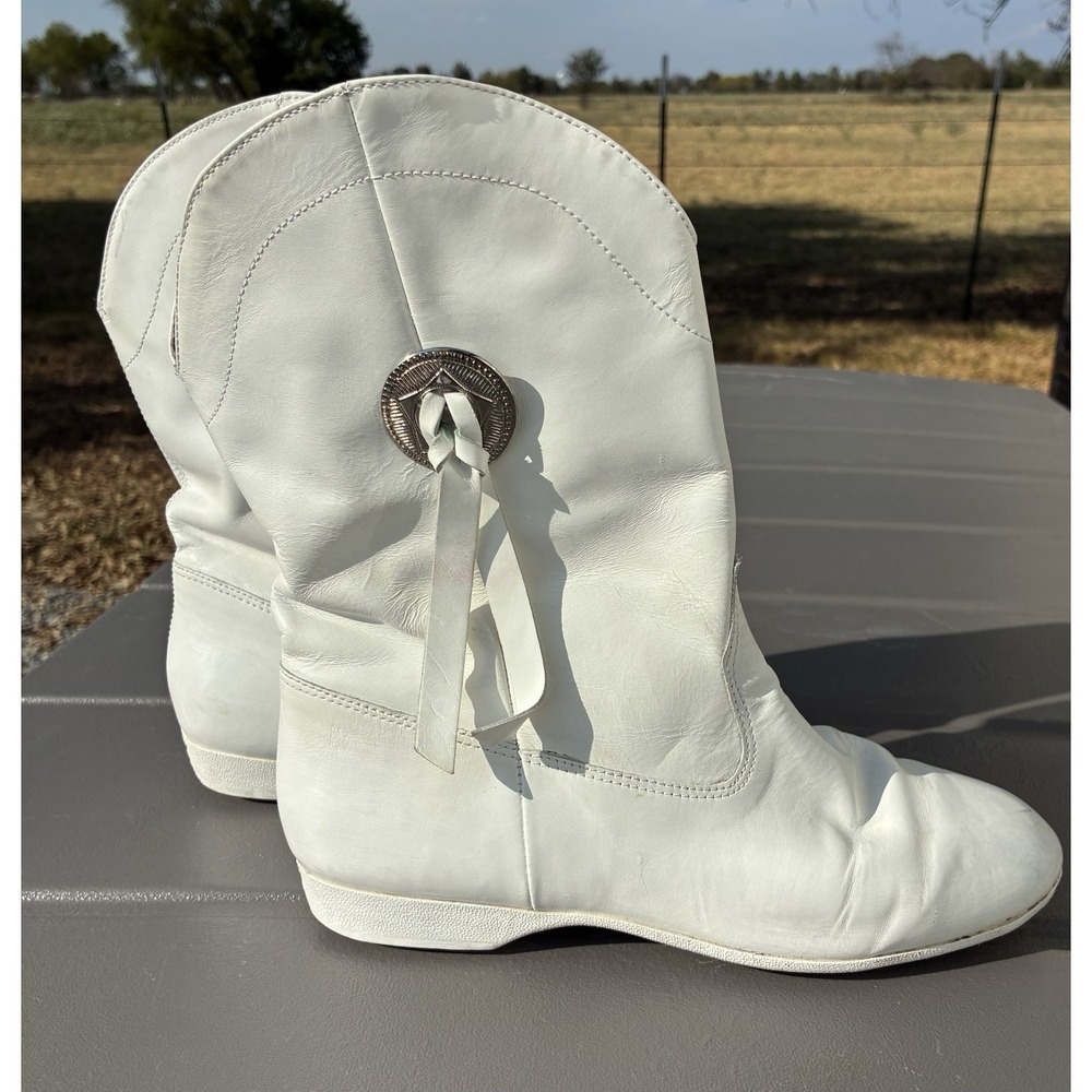 VTG Linda Lewis Design White Leather Western Drill Team Tassel Boots Womens 9 M